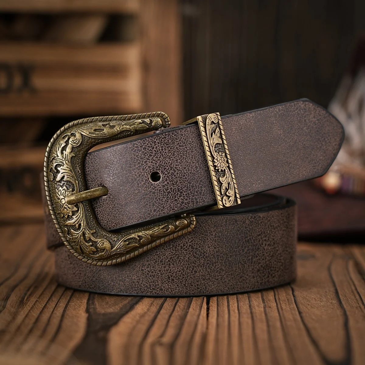Vintage Floral Buckle Western Denim Belt for Men & Women