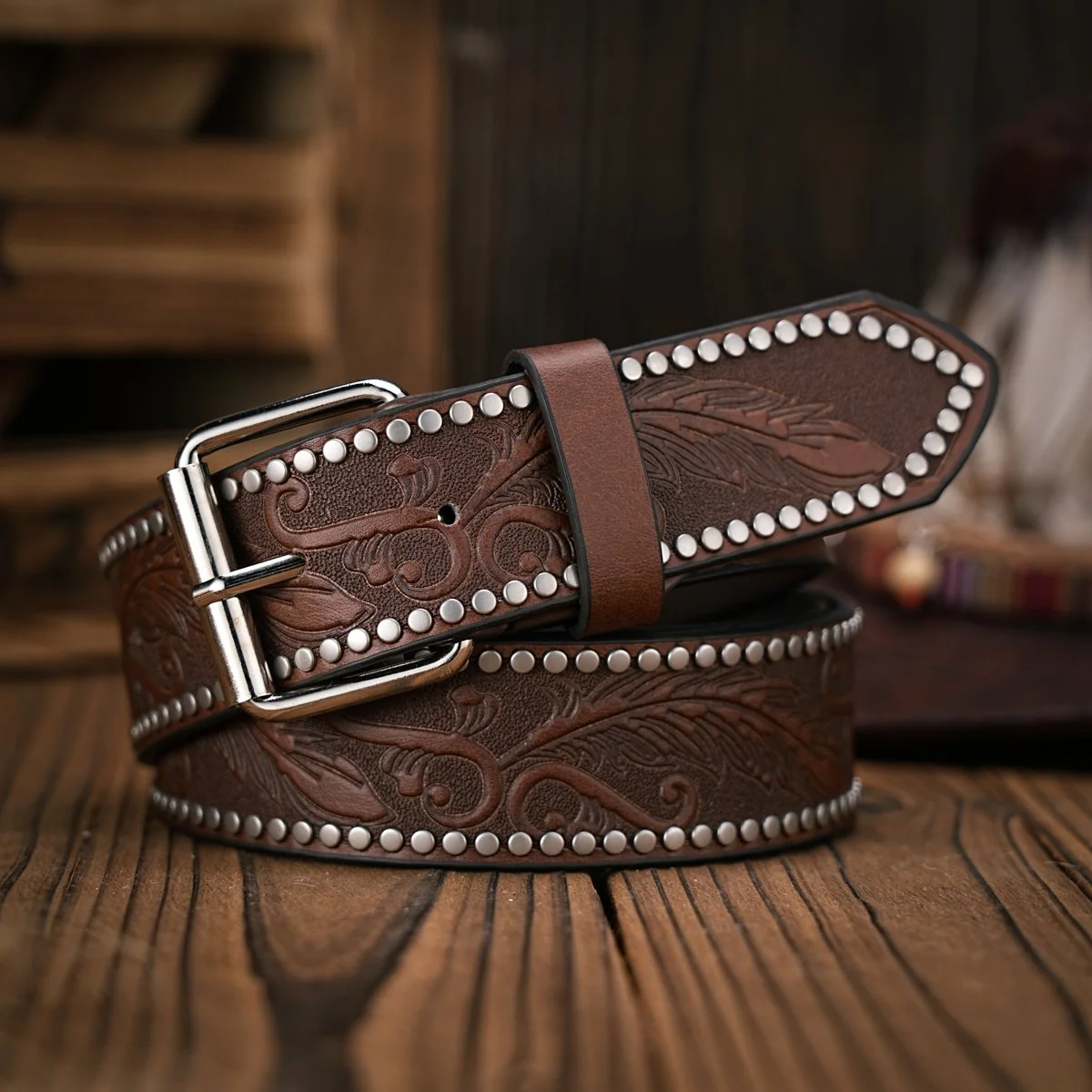 Retro Metal Buckle Riveted Brown PU Belt for Men & Women