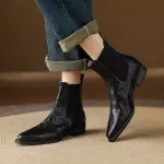 Women’s Winter Leather Ankle Boots Pointed Toe Chunky Heel Slip-On