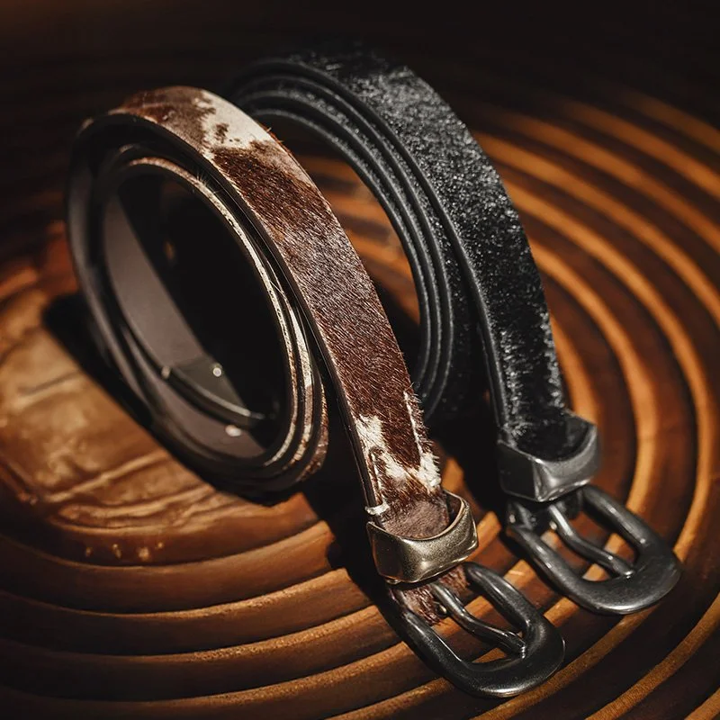 Vintage Black Leopard Print Leather Belt – Slim Cowhide Waist Accessory