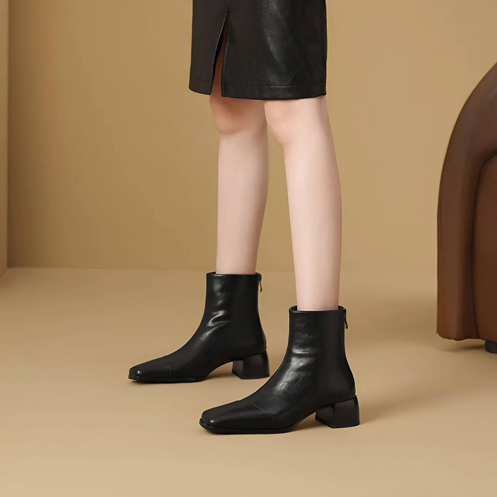Winter Square Toe Chunky Heel Leather Boots with Warm Wool Lining