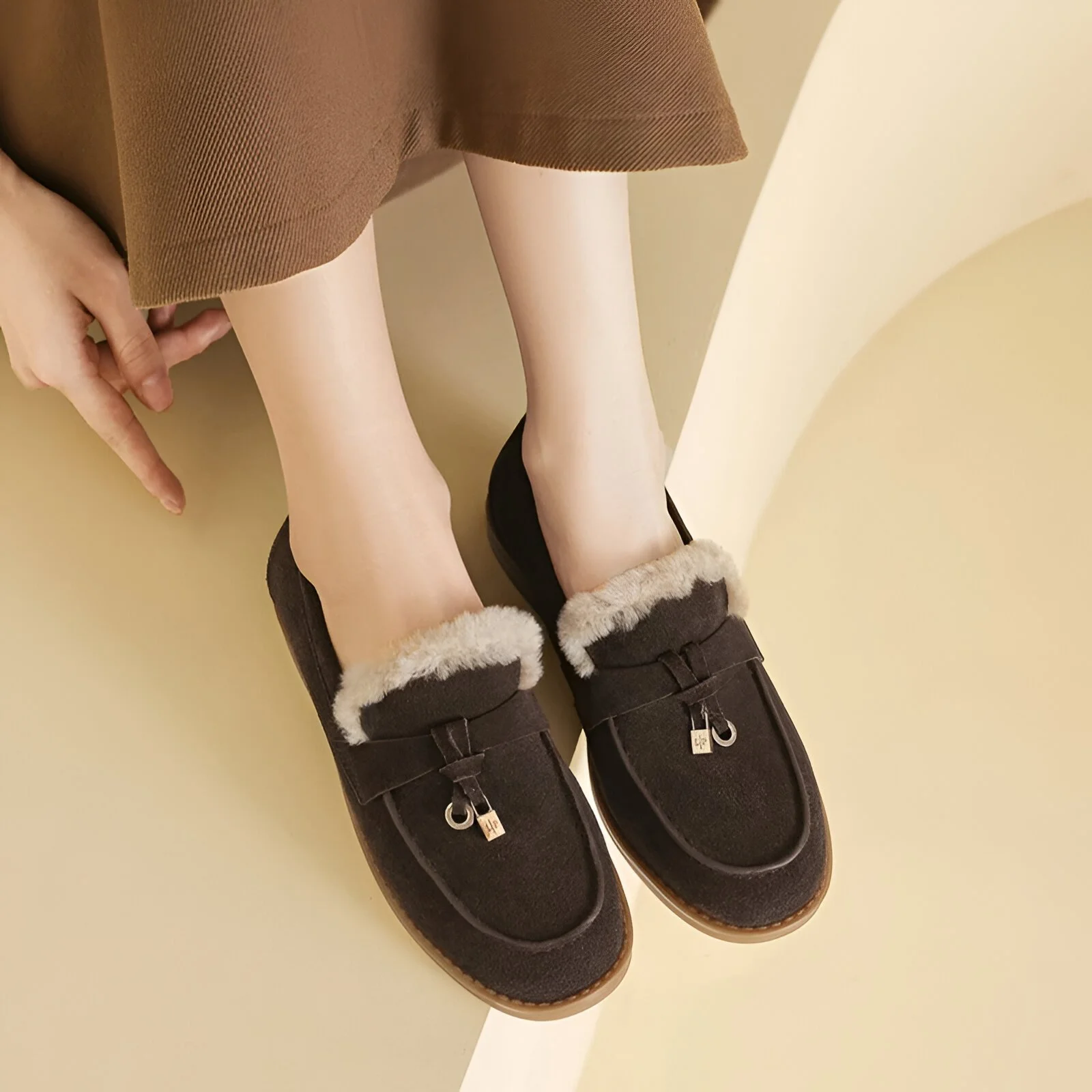 Winter Suede Loafers for Women with Wool Lining and Low Chunky Heel