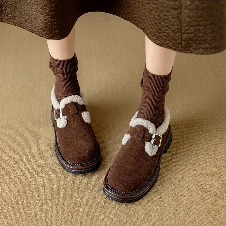 Women’s Winter Plush Lined Suede Loafers – Warm Flat Snow Shoes