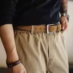 Men’s Genuine Leather Casual Belt with Vintage Single Prong Buckle