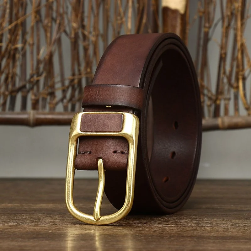 Men’s Vintage Leather Jeans Belt with Retro Brass Buckle – 1.5” Wide