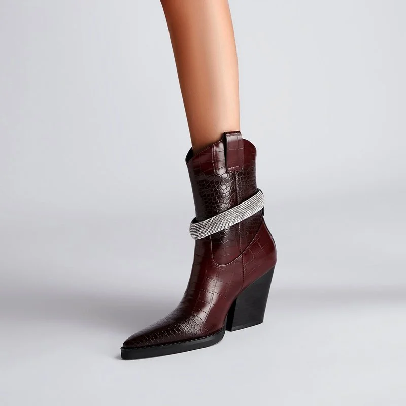 Pointed Toe Western Ankle Boots with 3.15” Thick High Heel