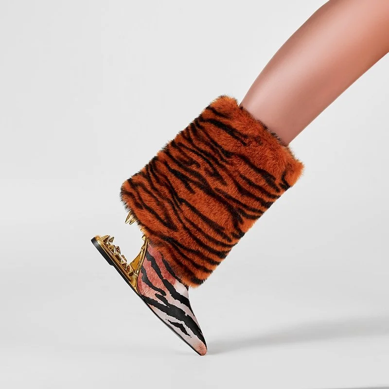 Faux Fur Animal Print Pointed Toe Mid-Calf Boots with Sculpted Heel