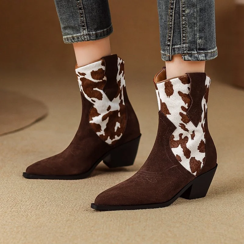 Women's Leather Embroidered Leopard Print Chelsea High Heel Boots