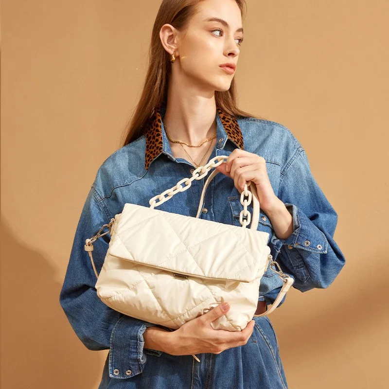 Elegant Women's Cow Leather Crossbody Bag with Feather Down & Chain Detail