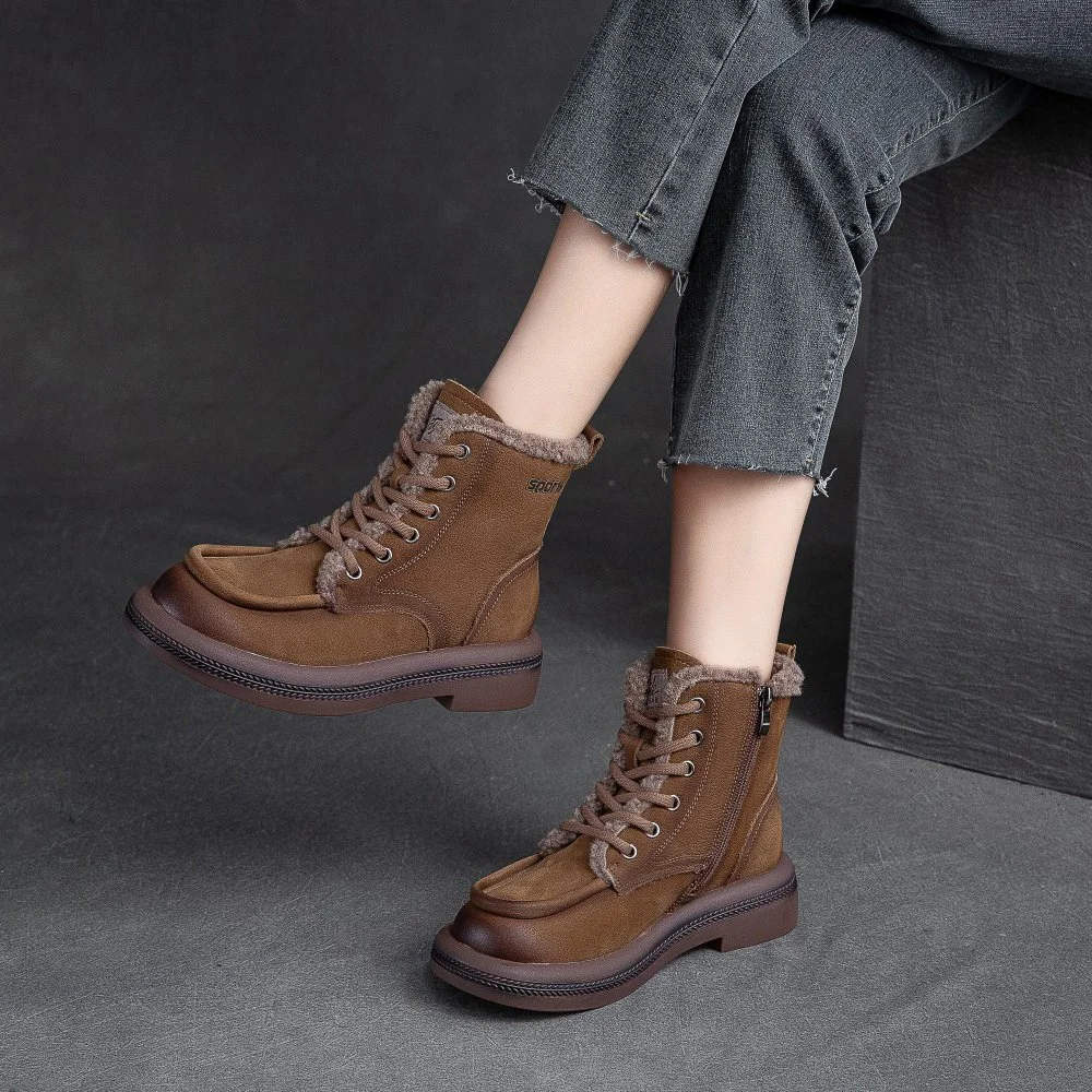 Genuine Leather Wedge Ankle Boots with Plush Lining and Side Zip