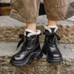 Women's Leather Ankle Snow Boots with Platform & Warm Plush Lining