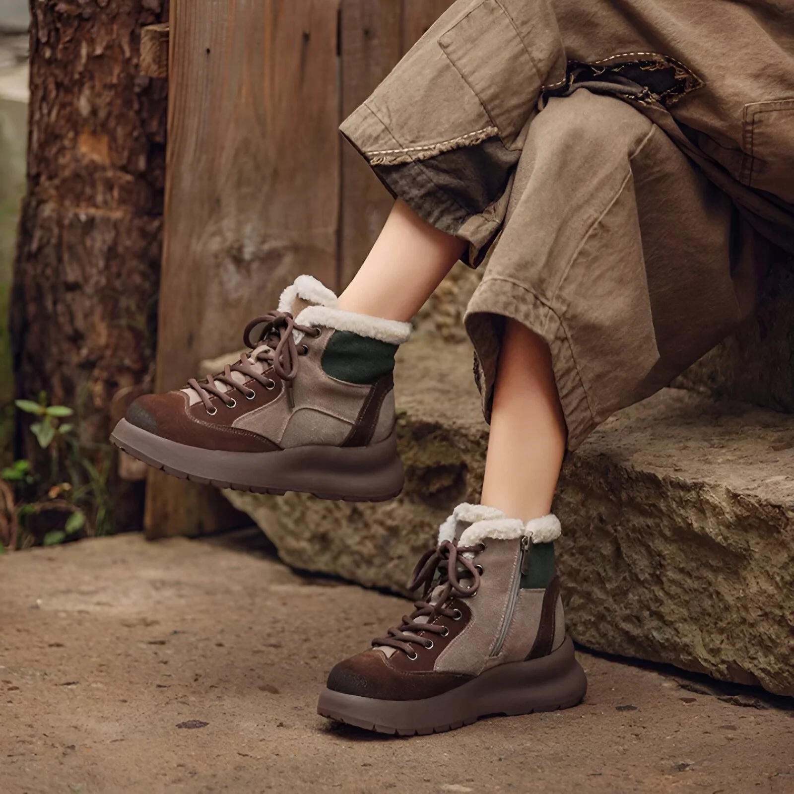 Retro Mixed Color Leather Snow Ankle Boots with Plush Lining