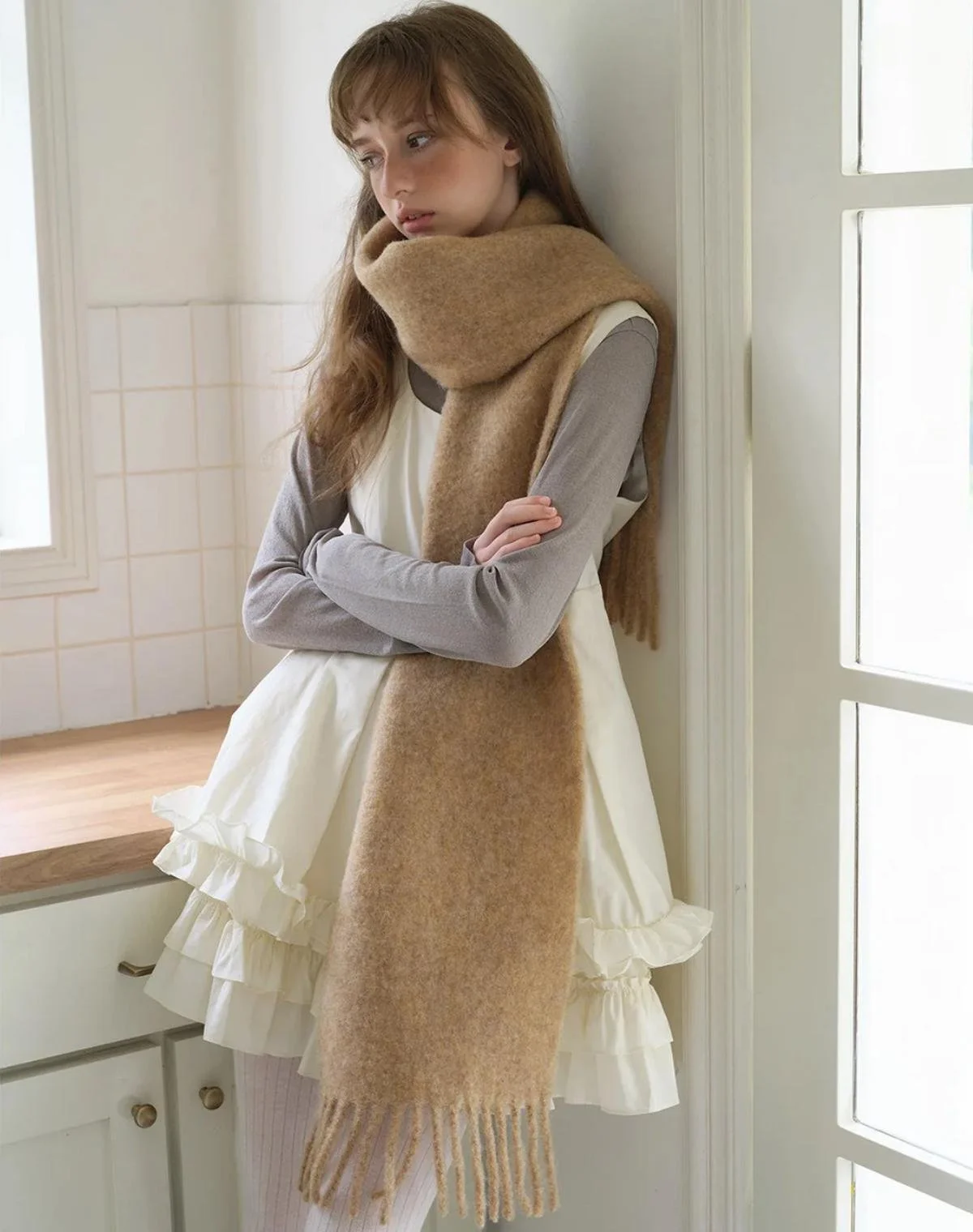Luxuriously Warm Long Fringe Wool Scarf for Women – Winter Shawl