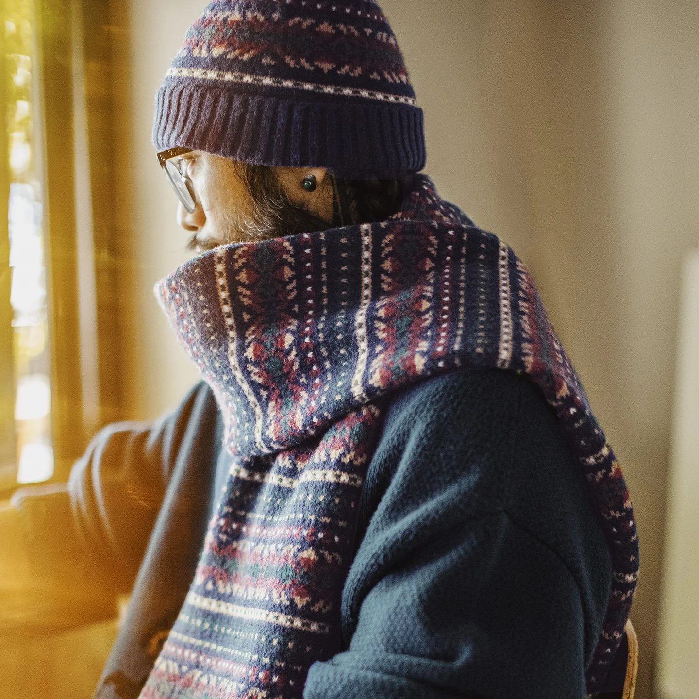 Fair Isle Knit Scarf & Beanie Set – Windproof Winter Gift for Men