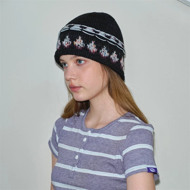 Prussian Blue Geometric Knit Beanie with Frill