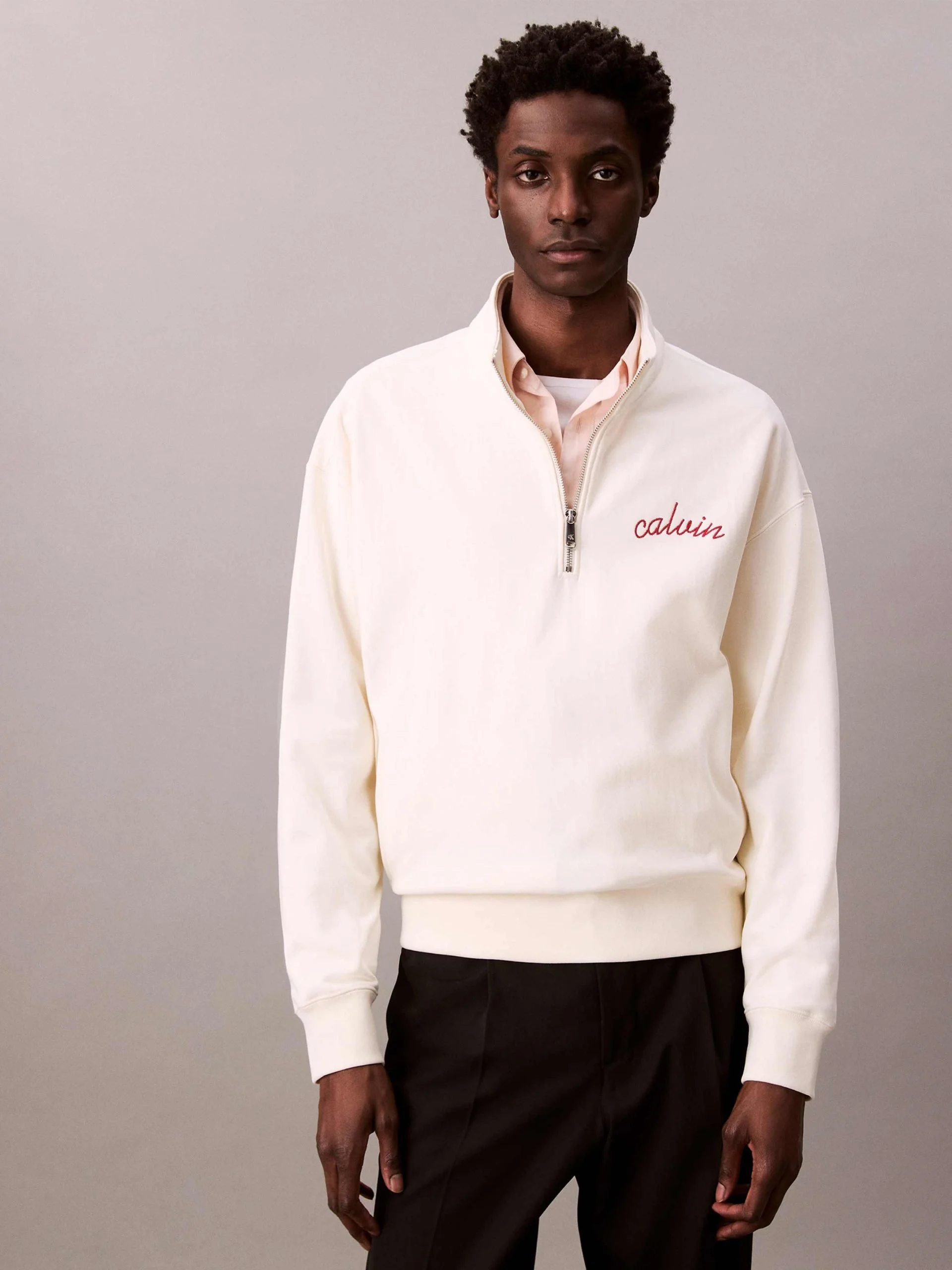 Calvin Klein Jeans Men's White Turtleneck Sweatshirt with Zip