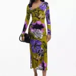 Desigual Women's Green Floral Dress for Winter - Long Sleeve, Viscose Blend