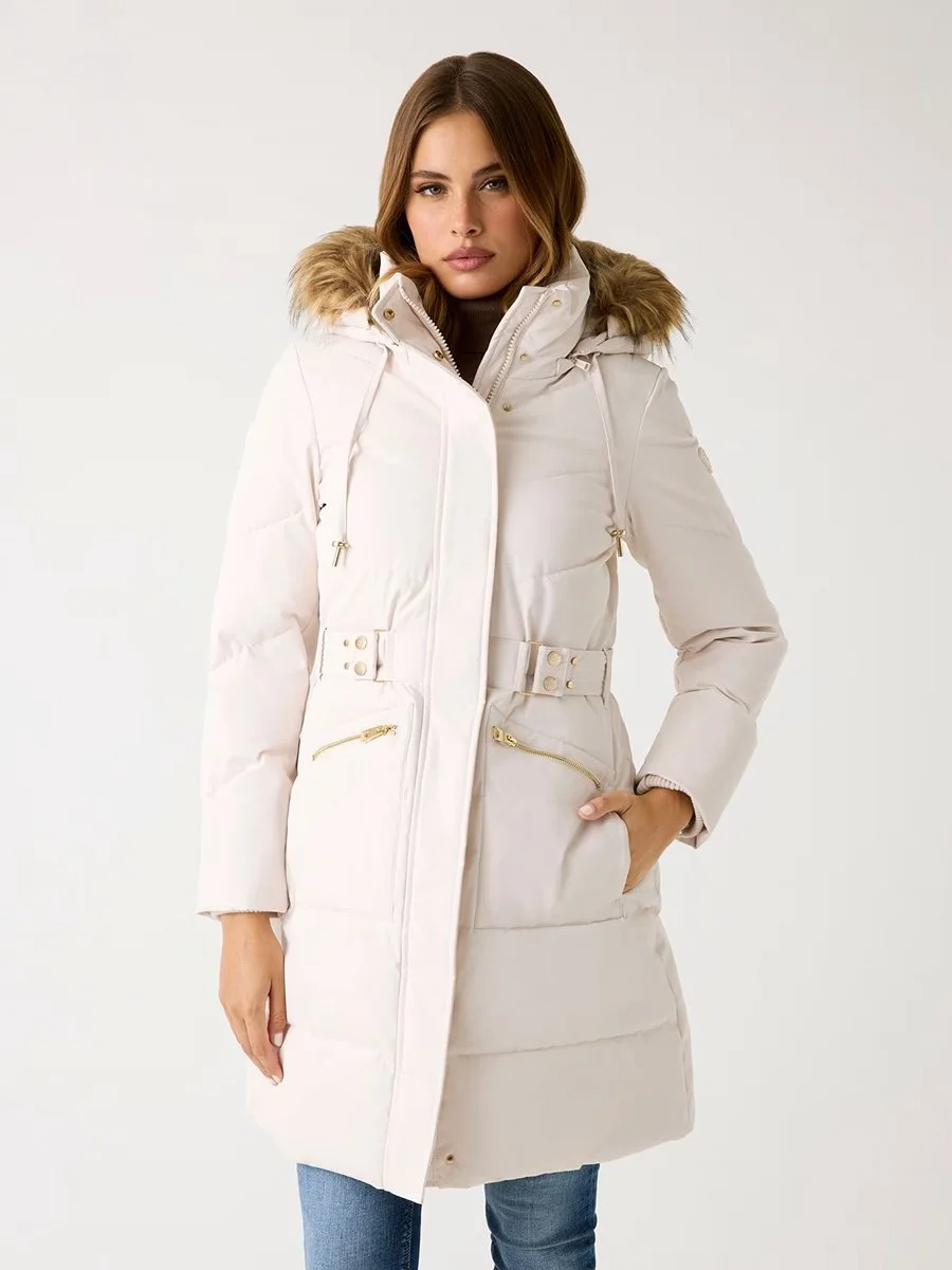 GUESS Long Puffer Jacket in Cream with Faux-Fur Trim
