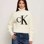 Calvin Klein Jeans Women's White Printed Cotton Turtleneck Knitwear - Winter Collection