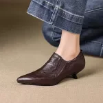 Elegant Leather Slip-On Pumps for Women - Pointed Toe Kitten Heel Shoes