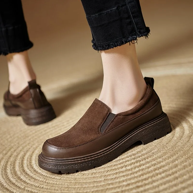 Autumn/Spring Women Loafers Genuine Leather Shoes with Chunky Heel - Comfortable Casual Pumps