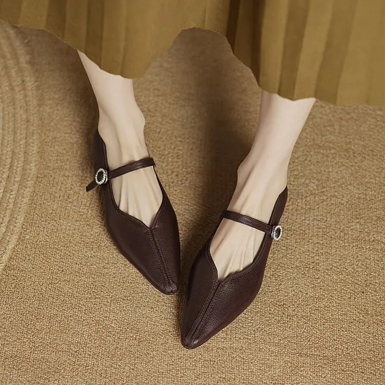 Spring Women Pointed Toe Pumps Genuine Leather Mary Janes Low Heel Shoes