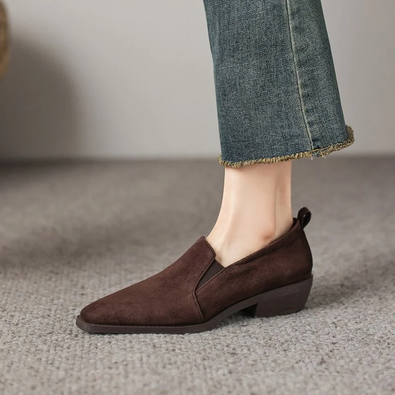Spring/Autumn Women Loafers Suede Leather Chunky Heel Slip-On Pumps