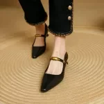 Elegant Genuine Leather Mary Jane Pumps with Pointed Toe and Thin Heel