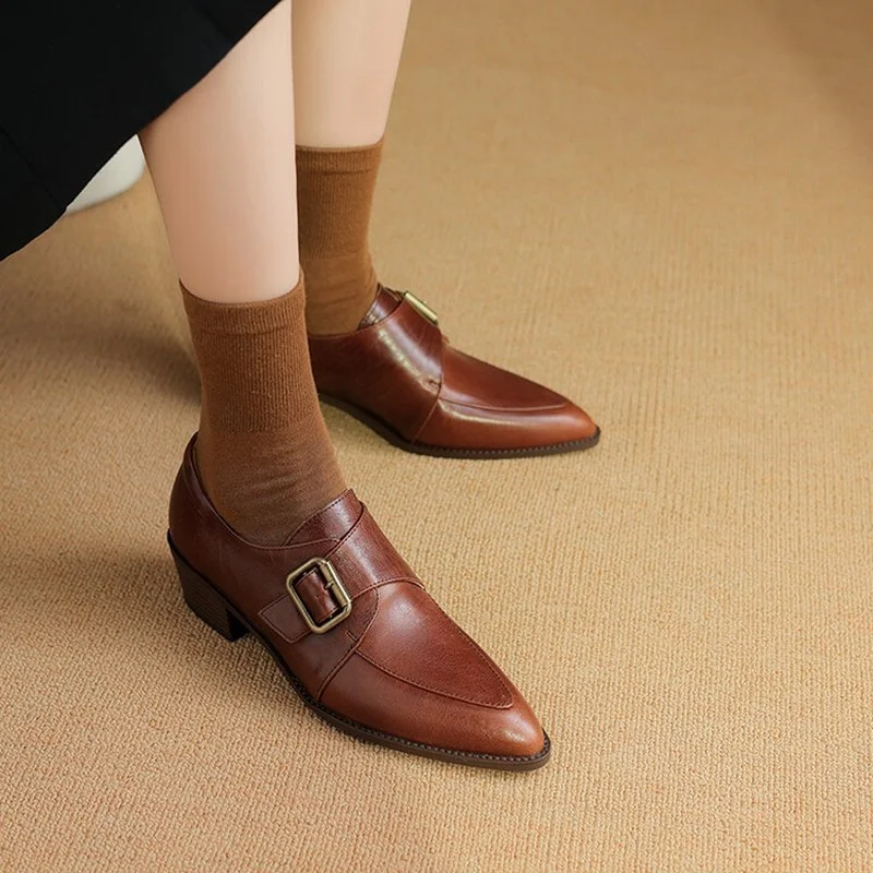 Women’s Genuine Leather Pointed Toe Loafers with Buckle Heel