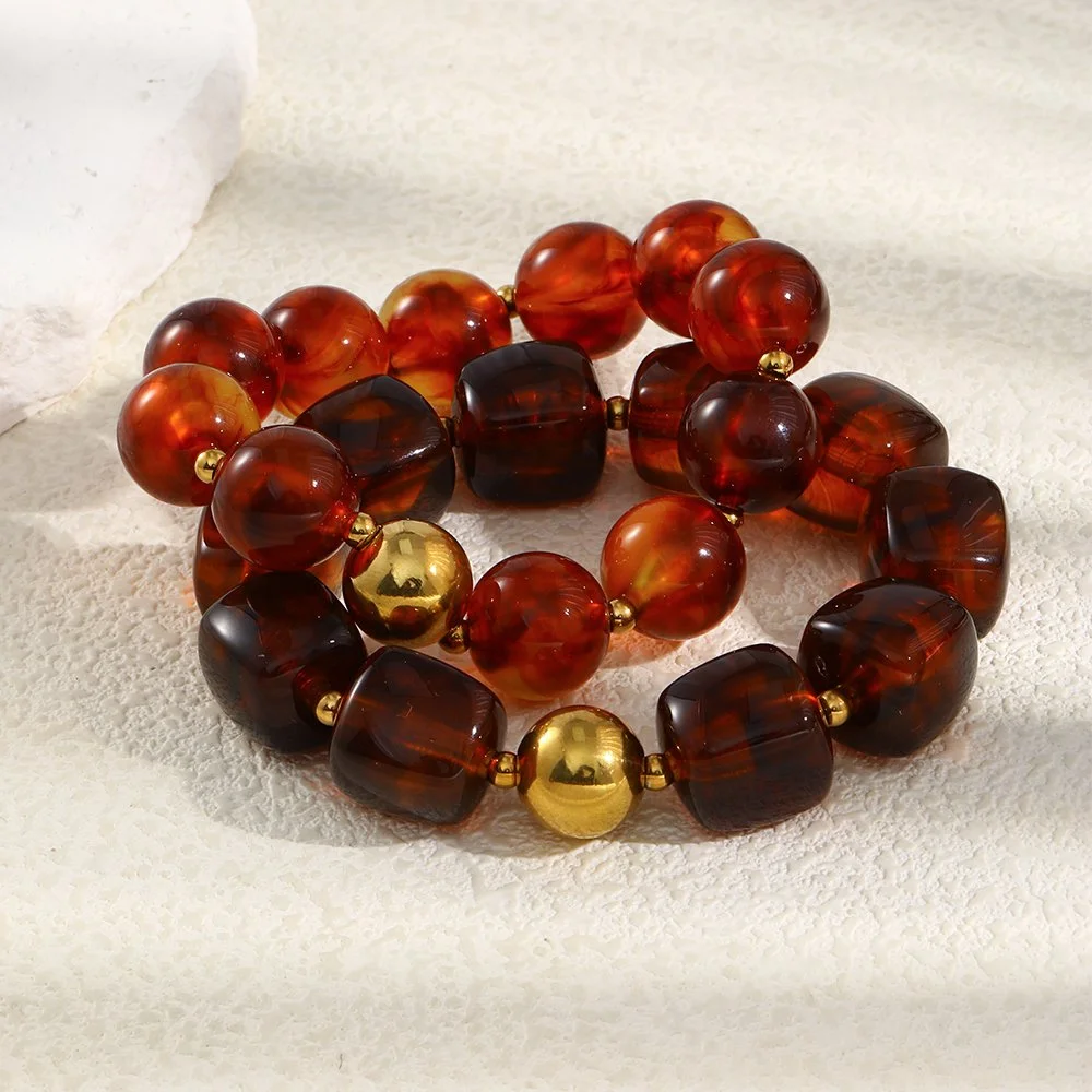 Amber Acrylic Bead Bracelet Stainless Steel Retro Fashion Jewelry