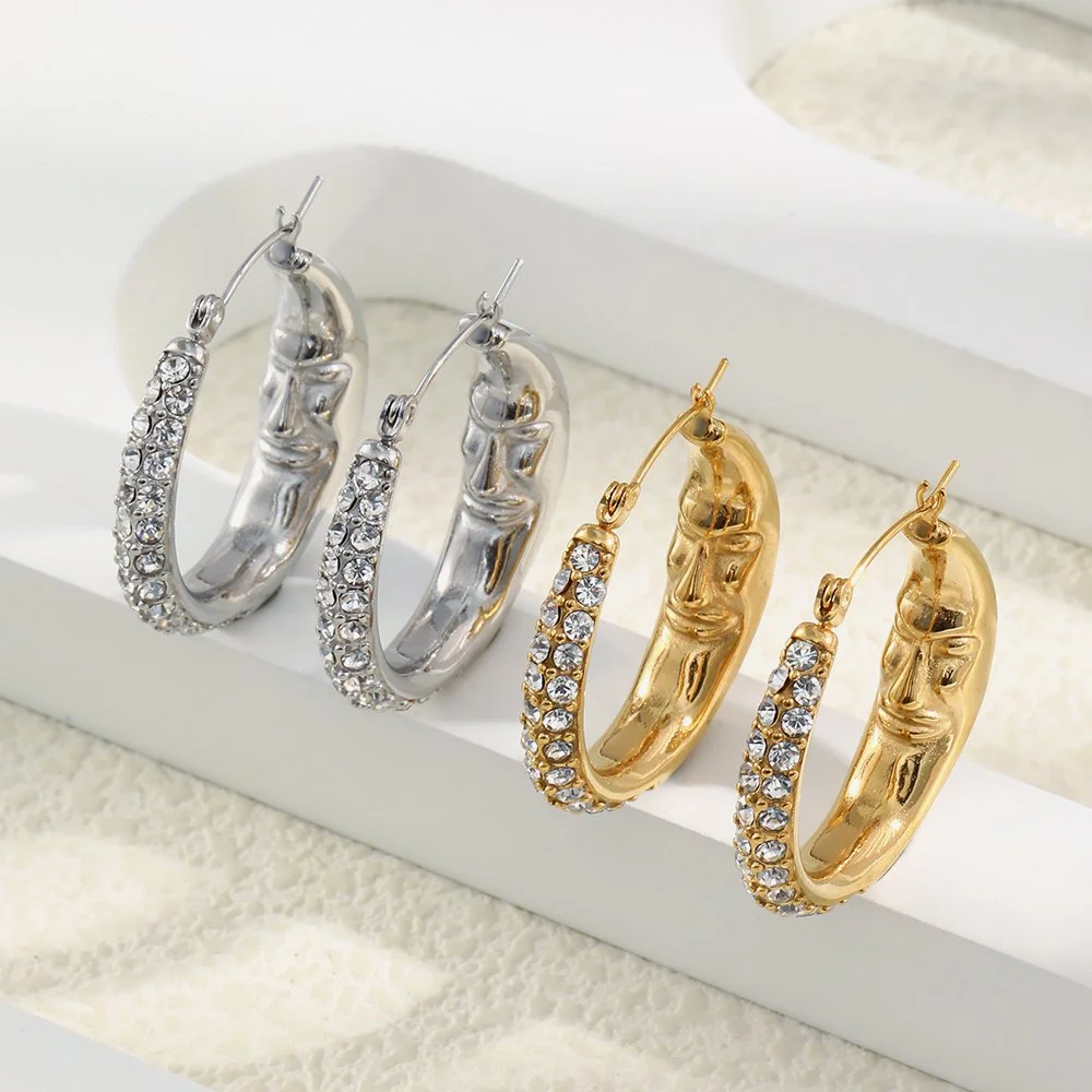 Moon Zircon Stainless Steel Hoop Earrings - PVD Gold Plated Women's Jewelry