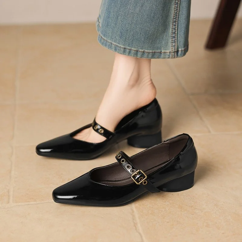 Autumn/Spring Women’s Square Toe Chunky Heel Pumps with Belt Buckle