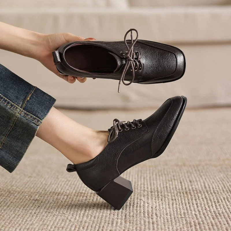 Spring/Autumn Women’s Genuine Leather Pumps with Chunky Heel and Lace-Up Design