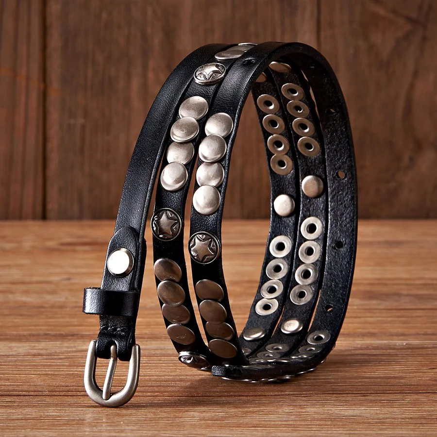 Women's 0.4" Genuine Leather Studded Skinny Fashion Belt