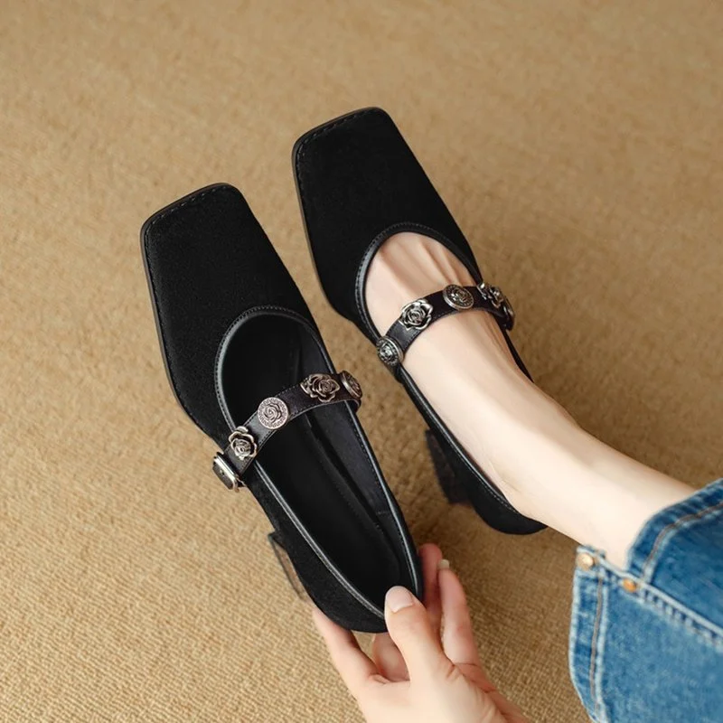 Women's Square Toe Pumps with Metal Buckle Strap - Sheep Suede Leather