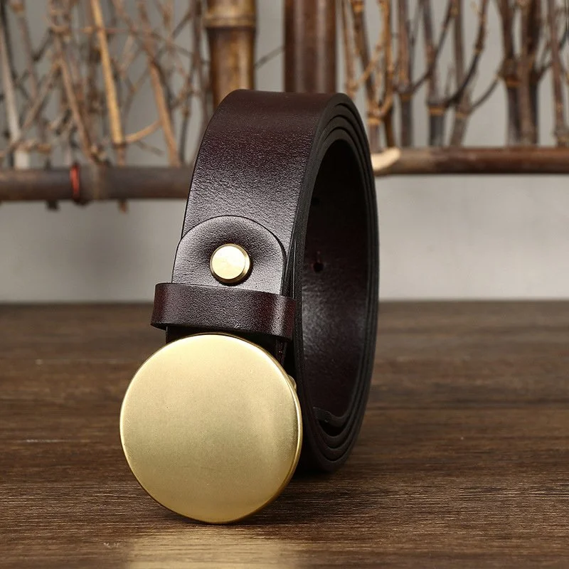 High-Quality Men's Genuine Leather Belt with Smooth Brass Buckle – 3.3 Inch Wide