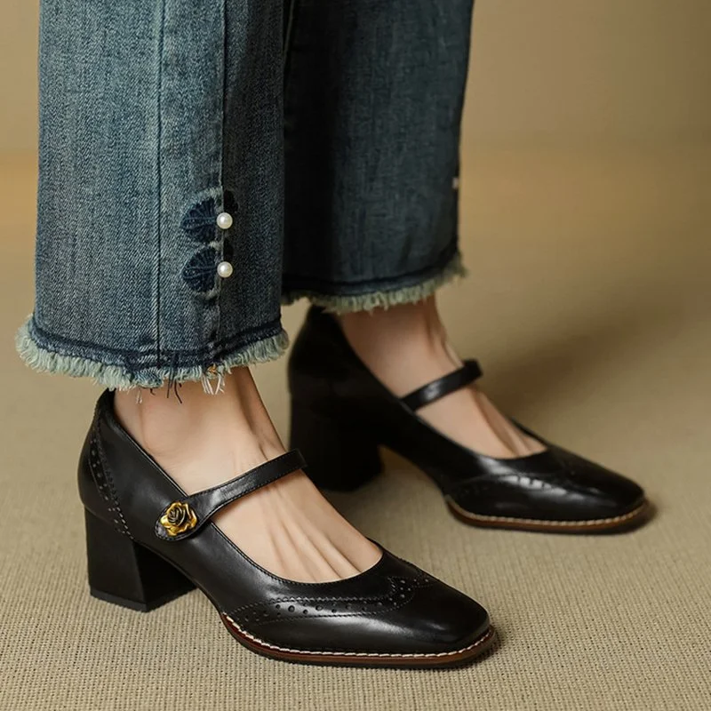 Spring Women’s Genuine Leather Square Toe Chunky Heel Mary Janes