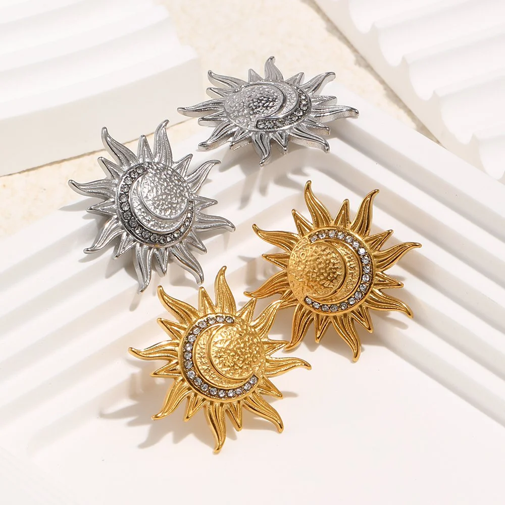Retro Moon & Sun Gold Stud Earrings