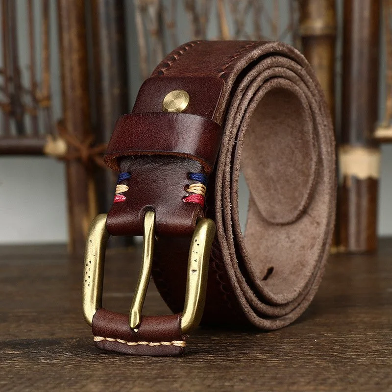 Men's Genuine Leather 3.8CM Belt with Brass Buckle - Vintage, Premium Cowhide Strap