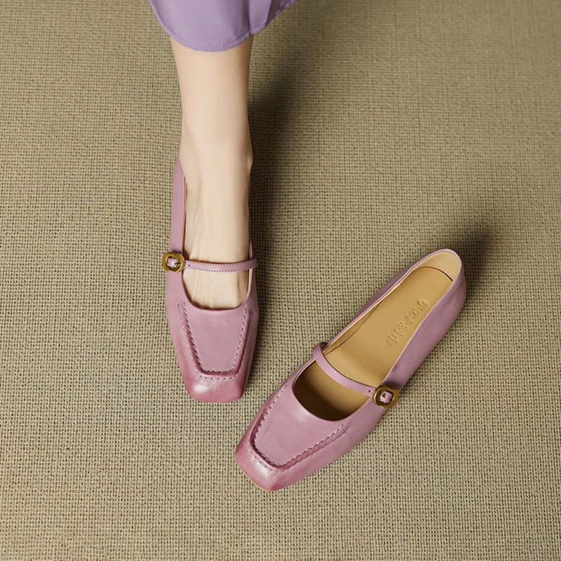 SpringWomen’s Genuine Leather Square Toe Low Heel Mary Jane Pumps
