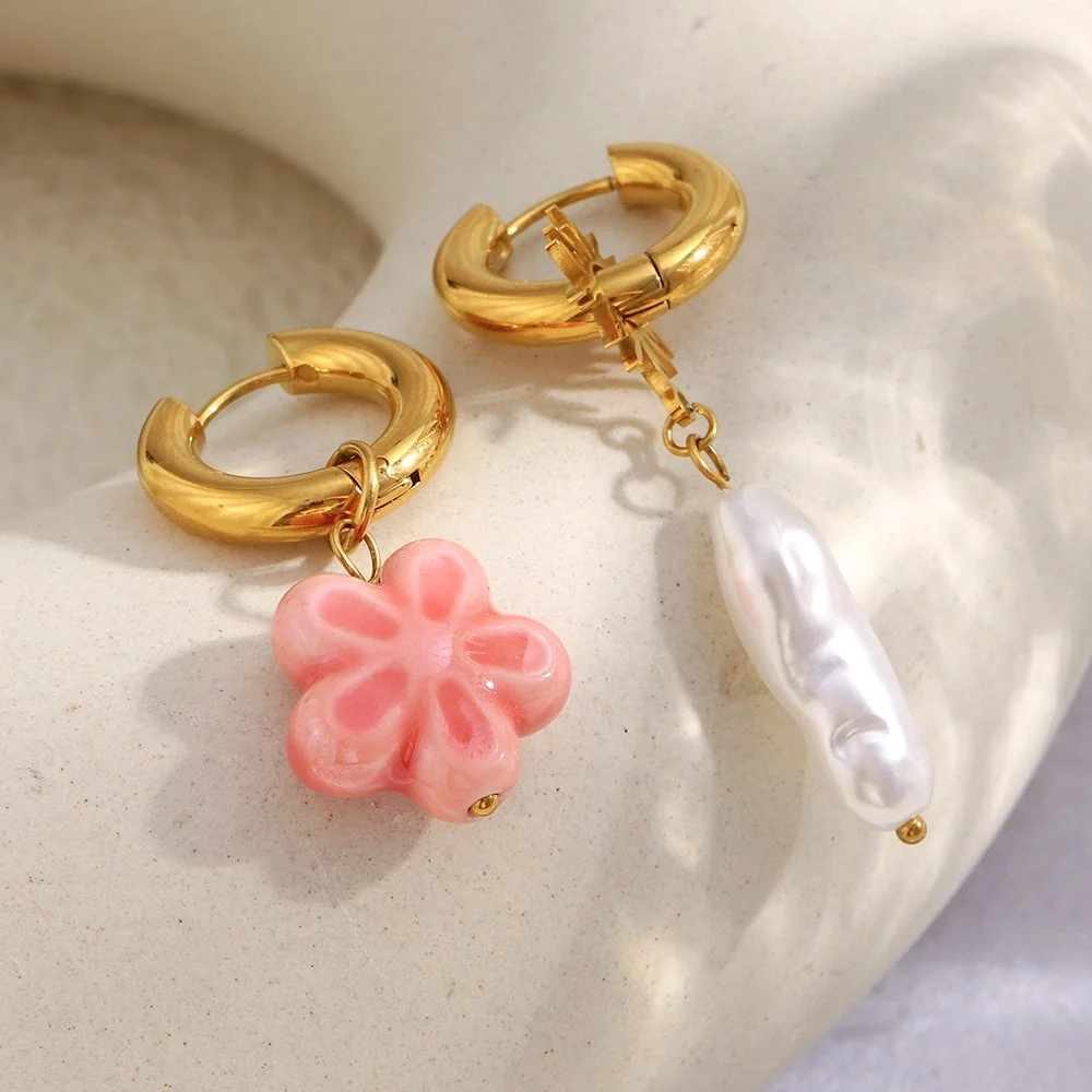 Elegant Glass Flower Imitation Pearl Stainless Steel Earrings - PVD Gold Plated