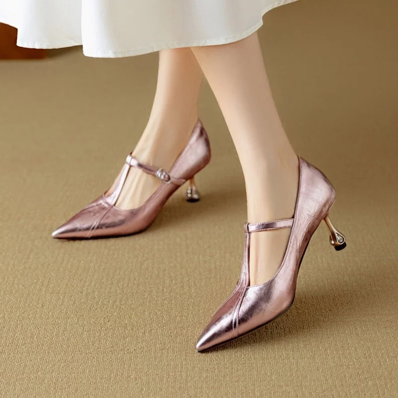 Elegant Leather Mary Jane Pumps with Pointed Toe and Buckle Strap