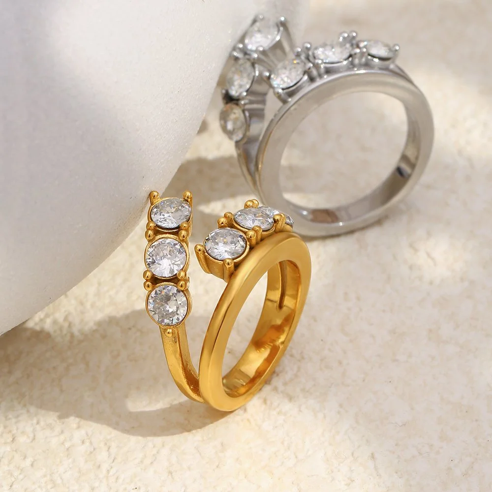 Double Layer Shiny Zircon Stainless Steel Women's Ring PVD Gold Plated