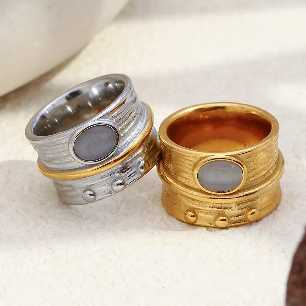 Mixed Color Cat Eye Stone Stainless Steel Women's Ring – PVD Gold Plated