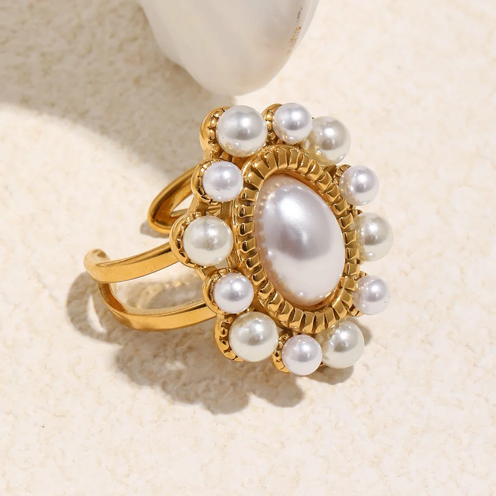 Women's Open Ring with Acrylic Pearl & 18K Gold Plating – Waterproof Fashion Jewelry