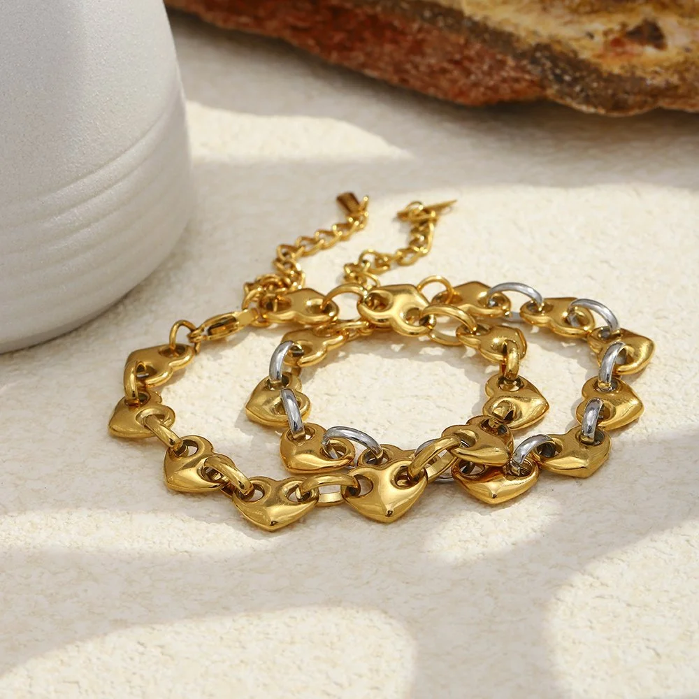 Mixed Color Heart Love Ring Stainless Steel Women's Bracelet - 18K Gold Plated