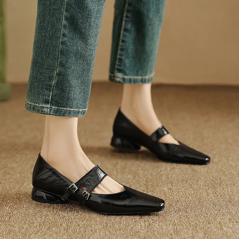 New Spring Women Pumps - Square Toe Low Heel Genuine Leather Mary Janes Shoes