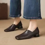 Spring Women Loafers Genuine Leather Shoes - Square Toe Chunky Heel Slip-On