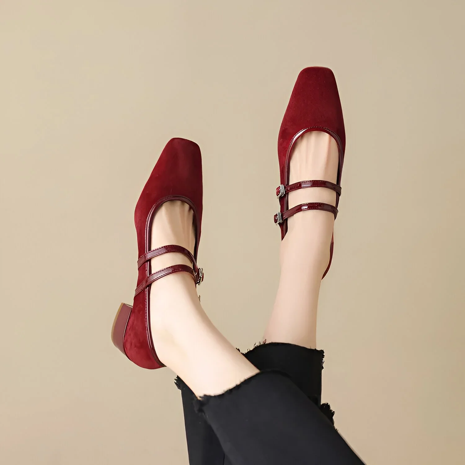 New Spring Women’s Kid Suede Leather Pumps with Square Toe & Chunky Heel