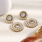 Shiny Luxury Round Zircon Stainless Steel Women's Earrings – PVD Gold Plated with Imitation Pearls